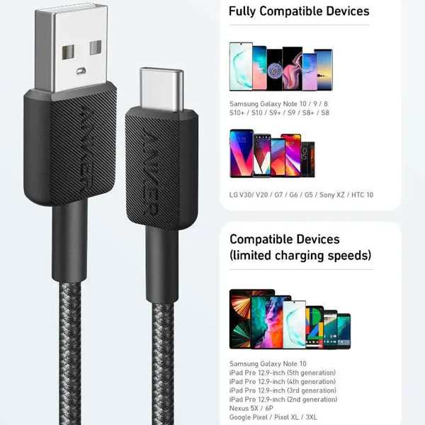 כבל 0.9 מטר Anker 322 USB-A to USB-C בצבע שחור