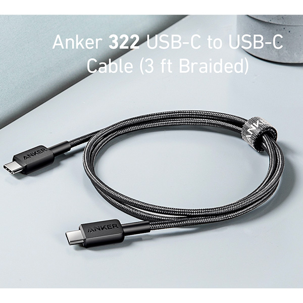כבל 0.9 מטר Anker 322 USB-C to USB-C בצבע שחור