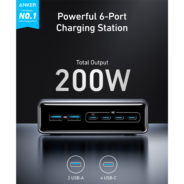 עמדת טעינה עוצמתית 6 יציאות Anker Prime Charger 200W 6 Ports GaN A2683