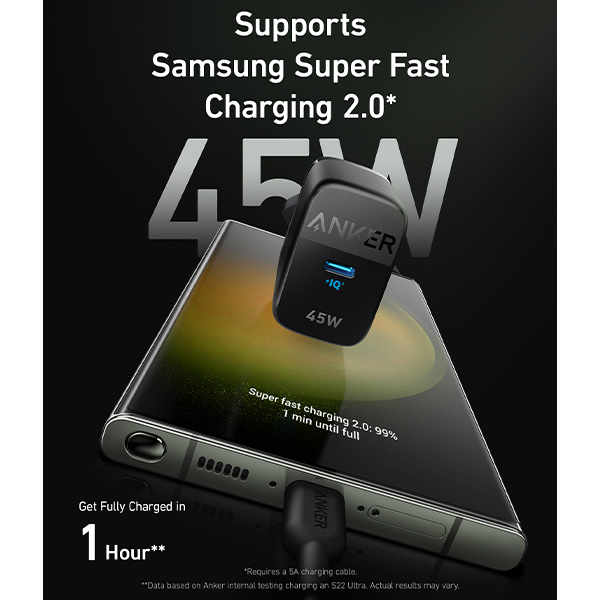 מטען קיר Anker USB-C 313 45W A2643 בצבע שחור