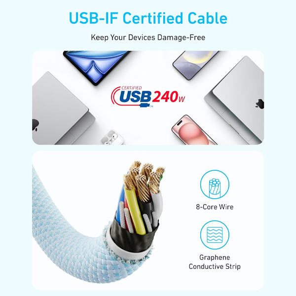 כבל 1.8 מטר Anker Zolo USB C-C 240W