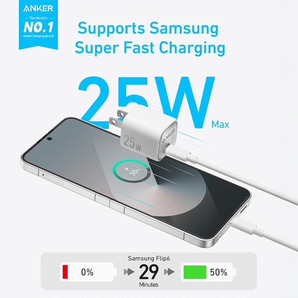 מטען קיר קומפקטי Anker USB-C Wall Charger 25W בצבע לבן