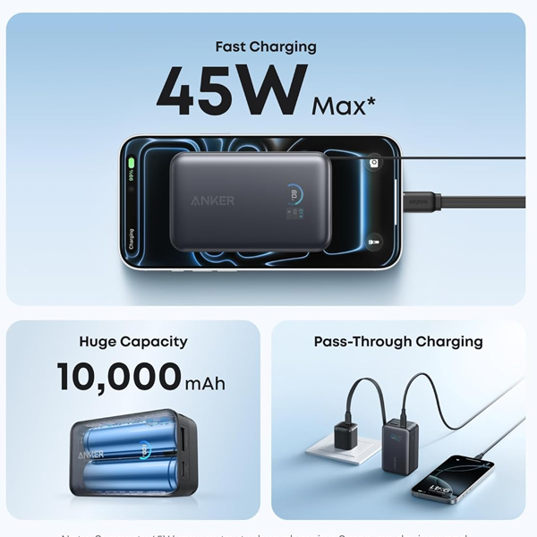 סוללת גיבוי ניידת Anker Nano 45W built-In USB-C Cable 10,000mAh 