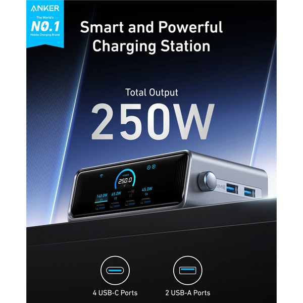 עמדת טעינה עוצמתית 6 יציאות Anker Prime Charger 250W 6 Ports GaN A2345