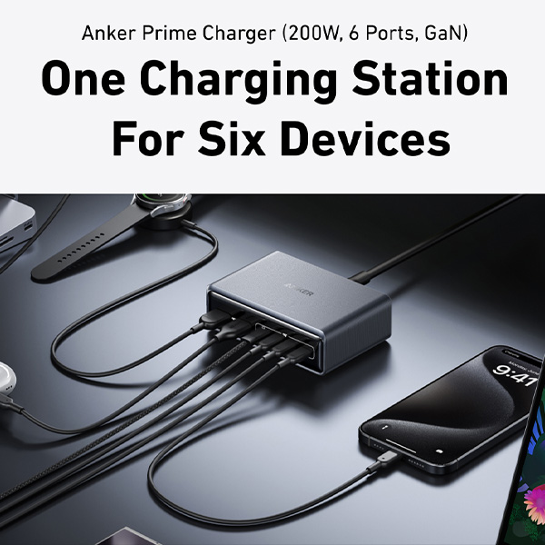 עמדת טעינה עוצמתית 6 יציאות Anker Prime Charger 200W 6 Ports GaN A2683