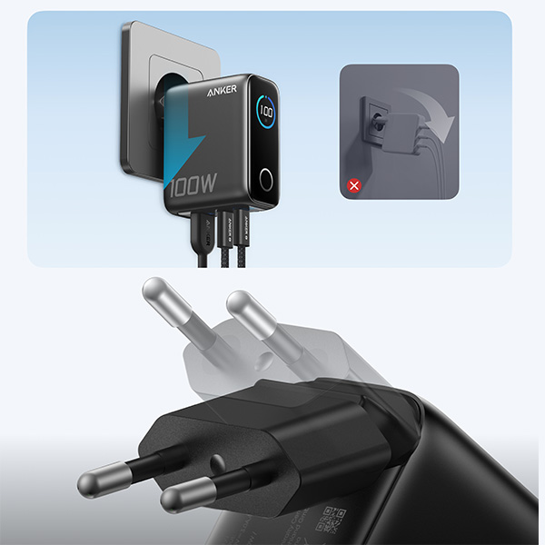 מטען קיר עוצמתי 3 יציאות Anker Wall Charger 100W בצבע שחור