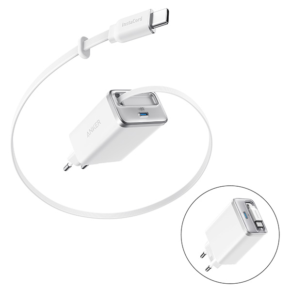 מטען קיר משולב כבל Anker Nano Charger 35W with USB-C cable בצבע לבן