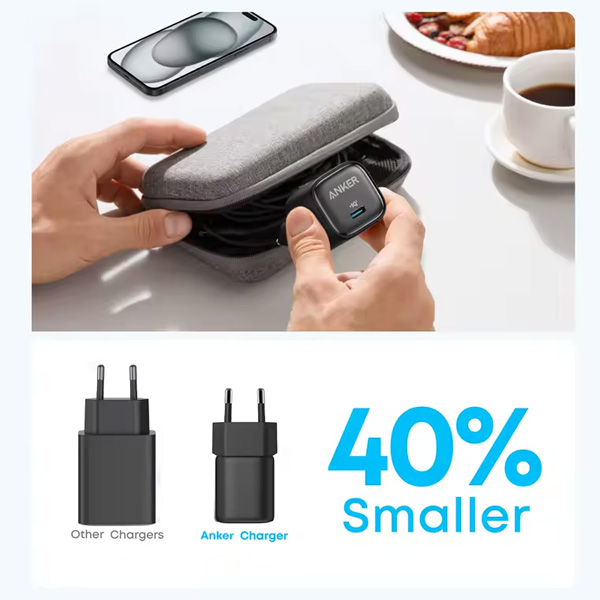 מטען קיר קומפקטי Anker USB-C Wall Charger 25W בצבע שחור