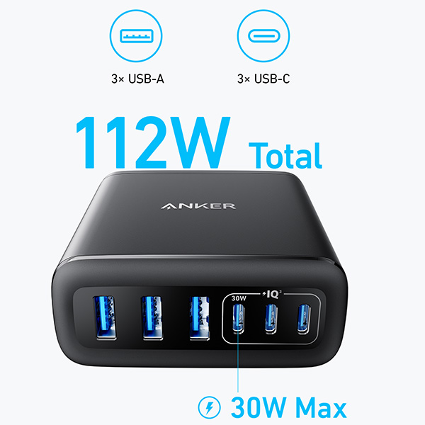מטען עוצמתי 6 יציאות Anker Charger 112W GaN