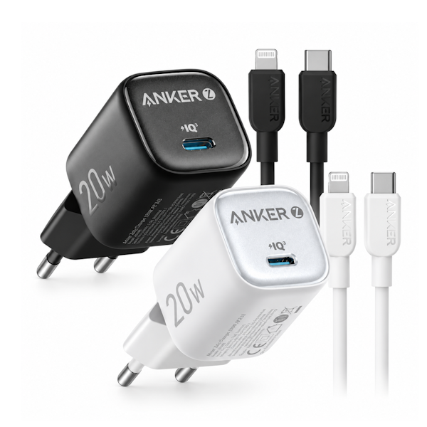 מטען קיר + כבל Anker Zolo Charger 20W + Lightning cable בצבע לבן